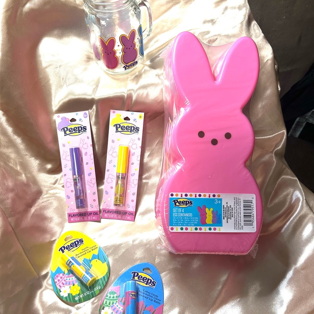 Peeps Pink Bunny egg holders - peeps mug and with Lip Oils & lip balms